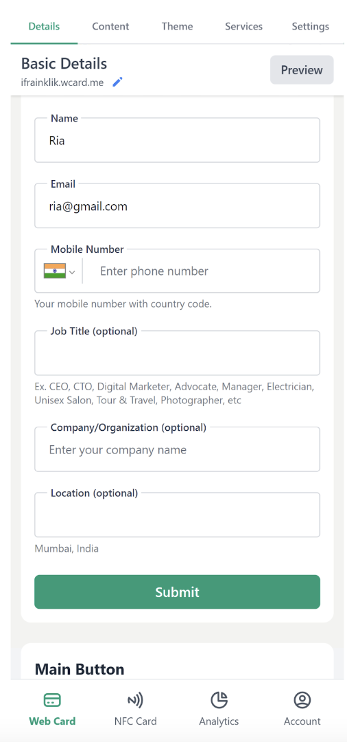 Various options provided by Wcard while setting up the digital business card